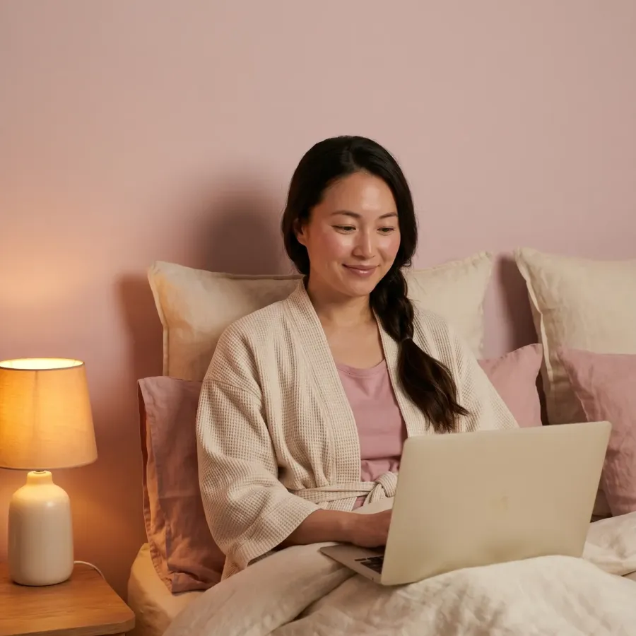 Woman in cream robe in bed with laptop, warm bedside lamp glowing during an evening telehealth consult
