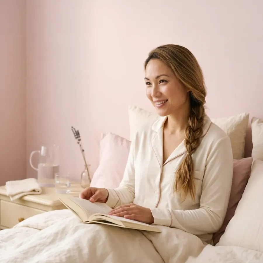 Woman resting comfortably at home during recovery, holding a warm drink in a soft cream sweater