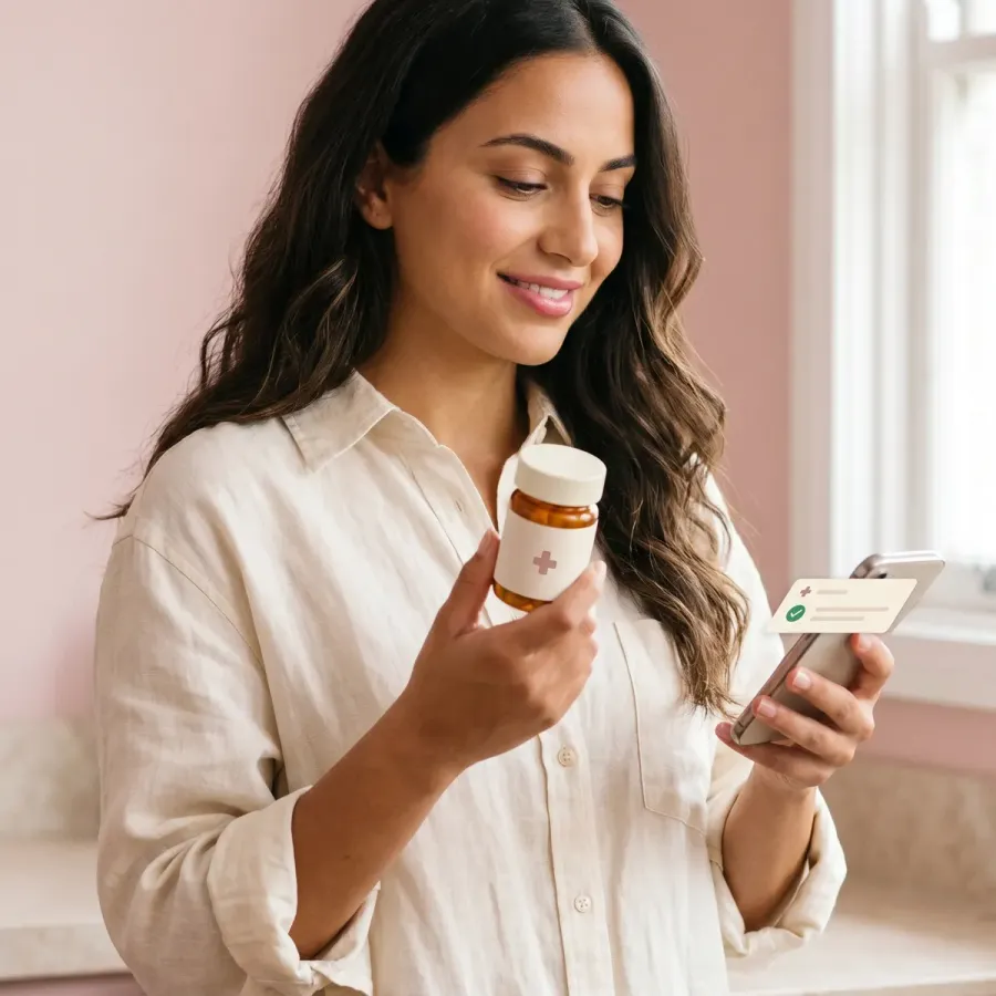 Woman holding an amber prescription bottle and looking at her phone showing an eScript notification